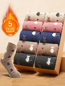 Women's Fall Winter Thick Warm Mid-Calf Socks, Cute Cartoon Cat Pattern, Fitted Comfortable Plush Socks for Daily Home Casual Wear, Cozy Socks