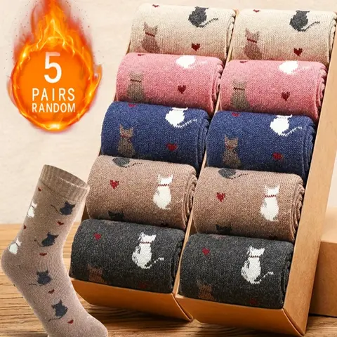 Women's Fall Winter Thick Warm Mid-Calf Socks, Knitted Socks, Cute Cartoon Cat Pattern, Animal Socks, Fitted Comfortable Plush Socks, Casual Comfy Socks, for Daily Home Casual Wear, Cozy Socks, Socks Set