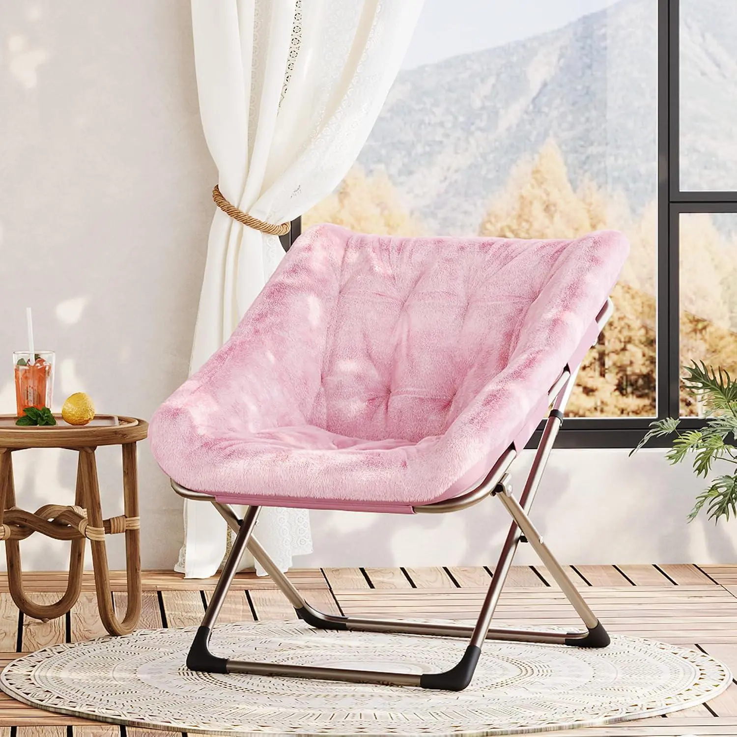 Oversized Foldable Butterfly Chair with Soft Faux Fur Upholstery, Lightweight Steel Frame with 300 Lb Capacity, Perfect for Living Room, Bedroom, Dorms, and Outdoor Use,Pink