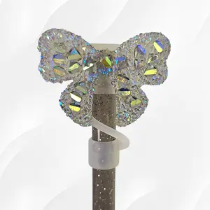 Druzy Glitter Ribbon Bow Silicone 10mm Straw Topper - Chrome
