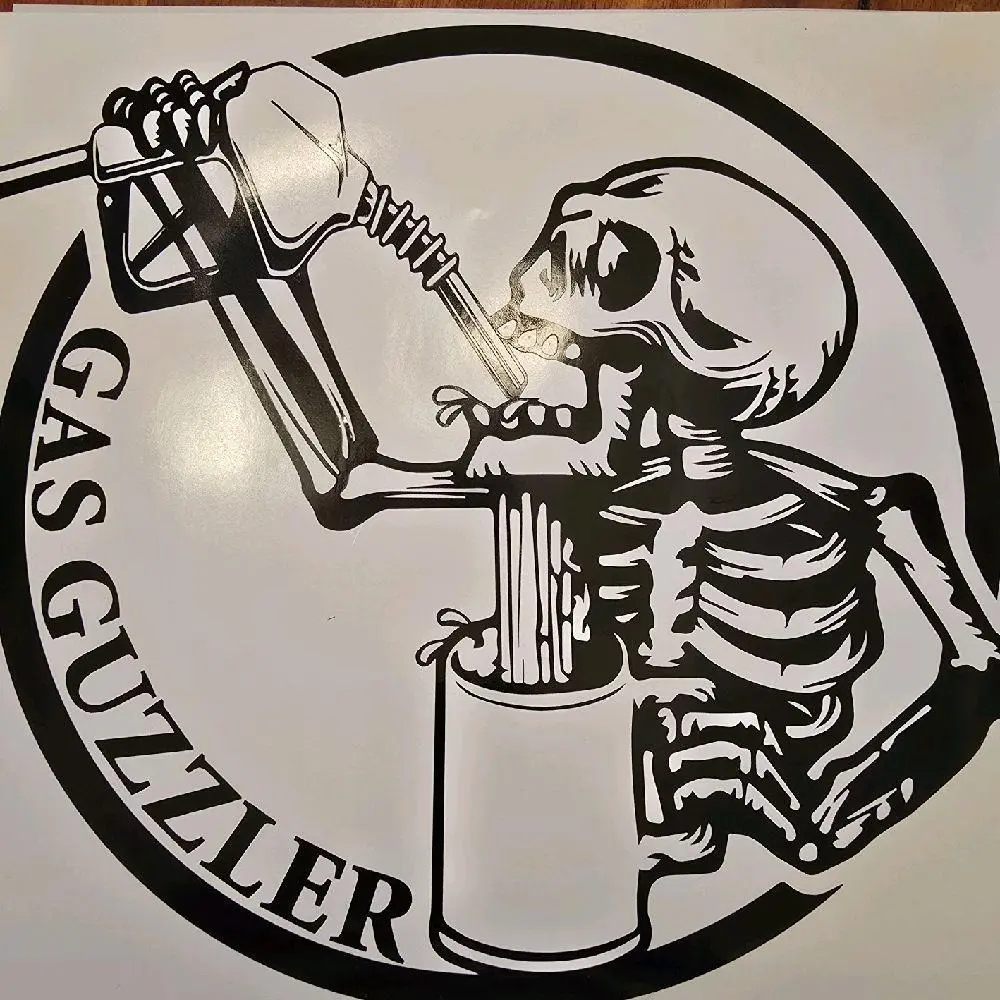 Gas Guzzler Vinyl Decal - Skeleton Holding Bottle, Black and White Design, Ideal for Home Decor