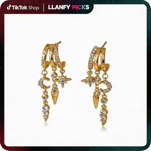 Dangle Earrings For Women,Dainty 14K Gold Plated Hypoallergenic Small Triple Huggie Hoop Earring Gothic Cute Cross Moon Star Drop Earrings For Women Trendy Gold Statement Stud Earring Jewelry