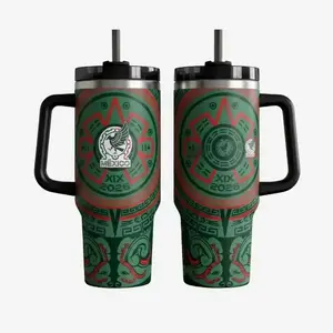 Mexico Soccer Inspired 40oz Tumbler, Football Fan Mug with Handle and Straw, Insulated Travel Cup Gift Idea