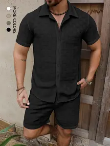 Men's Solid Texture Button Front Collared Short Sleeve Top + Shorts Set, Casual Vintage Classic Style, Fashion Beachwear Tropical, Summer Comfortable, Summer Outfits Set, Menswear