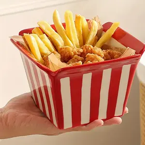 1pc 25.36oz Cartoon Striped Ceramic French Fry Bucket, Home Movie Night Essential Popcorn Tool, Living Room Snack And Appetizer Storage Bucket, Home Organization/Decorative Ornament