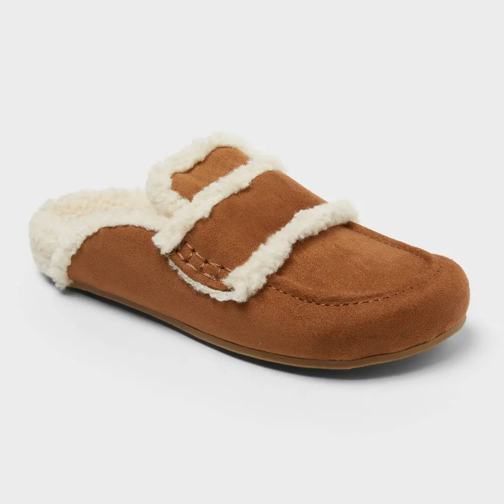 Women’s Lucie Slip-On Cozy Lined Footbed Flats - A New Day, Cream Tan, Polyester, Round Closed Toe for Polish, Textured TPR Grip, All-Day Warmth