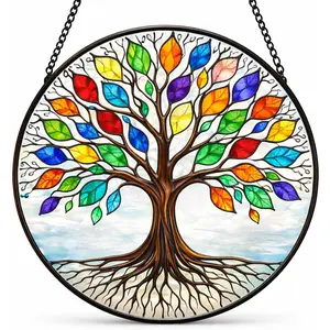 Tree of Life Stained Glass Panel Round Window Hanging Art Glass Sun Catcher for Home Decor Birthday Gift for Women Men Mom Wife Aunt 6.3 Inch