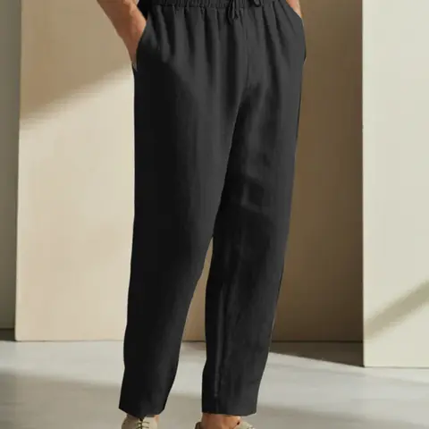 Men's Solid Wide Leg Linen Pants, Casual Drawstring Waist, Regular Fit Casual Comfy Trousers for Daily Wear, Men's Bottoms for All Seasons, Casual Minimalist Trousers, Casual Streetwear Trousers, Casual Beach Pants, Fashion Casual Trousers