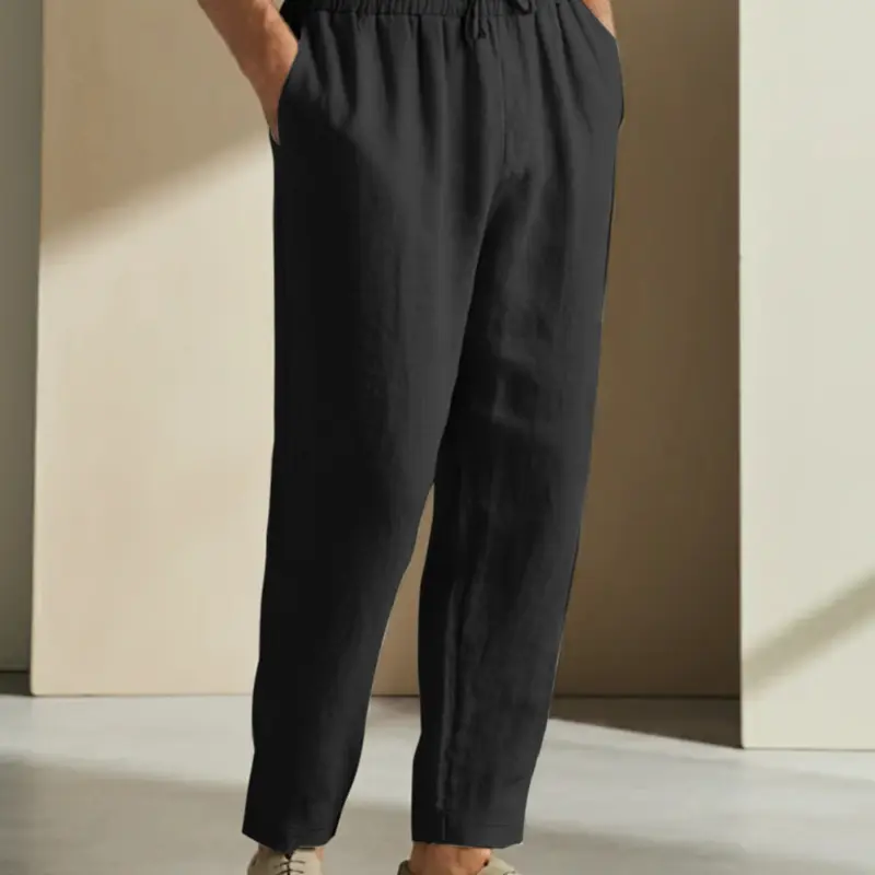 Men's Solid Wide Leg Linen Pants, Casual Drawstring Waist, Regular Fit Casual Comfy Trousers for Daily Wear, Men's Bottoms for All Seasons, Casual Minimalist Trousers, Casual Streetwear Trousers, Casual Beach Pants, Fashion Casual Trousers