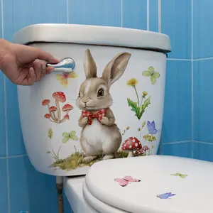 A self-adhesive toilet sticker with rabbit, flower, grass and mushroom patterns for bathroom and toilet decoration, Bathroom Decorations, Bathroom Decoration Accessories, MS7307-YC