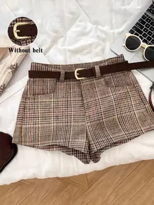 Women's Checkered Plaid Shorts, Elegant Office Wear, Washable, Fitted for All Seasons, Perfect for Commute and Casual Outings, Womenswear