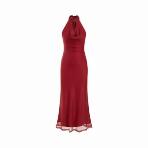 Cider Burgundy Polka Dot Halter Neck Ruched Waist Backless Midi Evening Dress