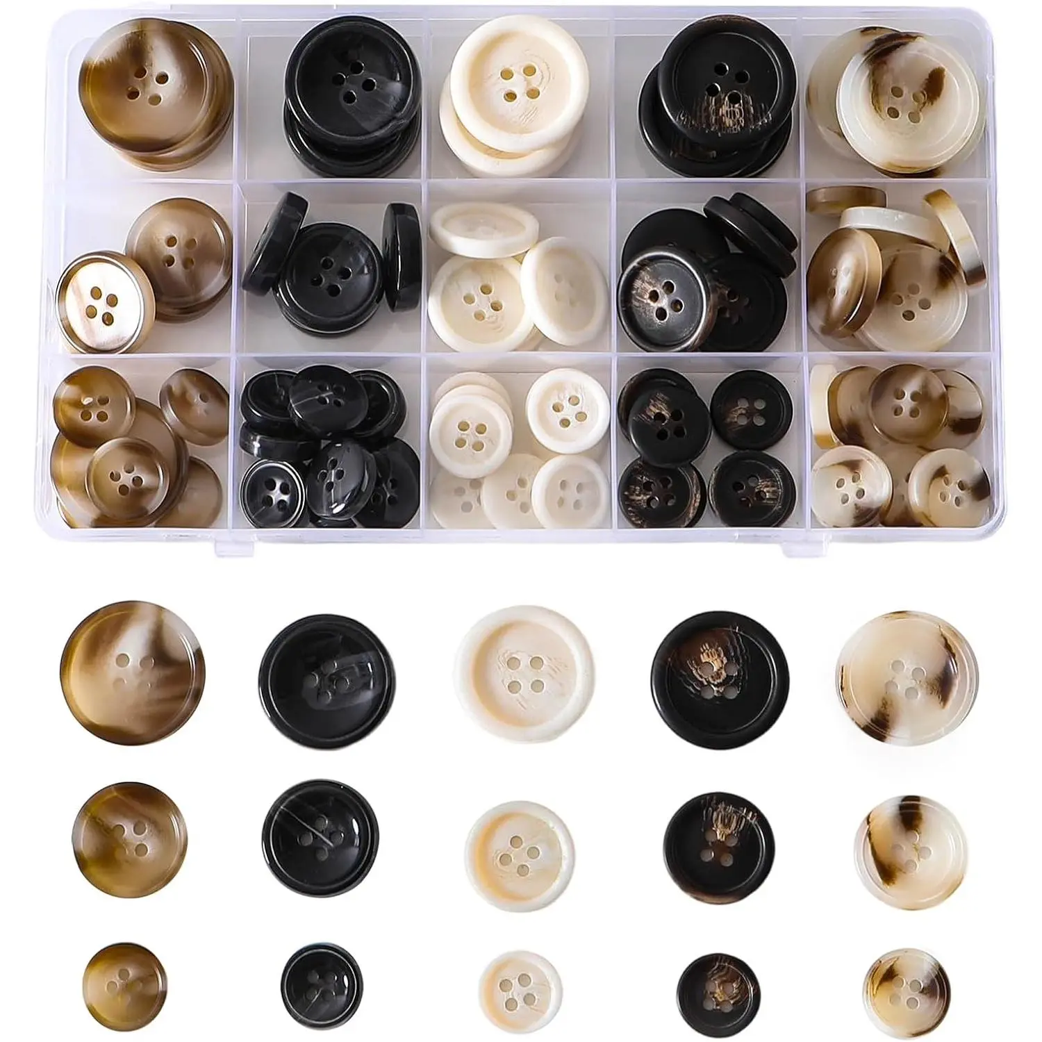 Sewing Buttons, 110 count, 4-Hole Round Buttons for Blazer Suit Coats,5 Color 3 Size 15mm/20mm/25mm