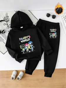 Boys' Fall Winter Fleece Hoodie Set, Dandy's World Cartoon Print, Colorful Letters, Casual Street Style, Comfortable Daily Wear, Clothes Kids
