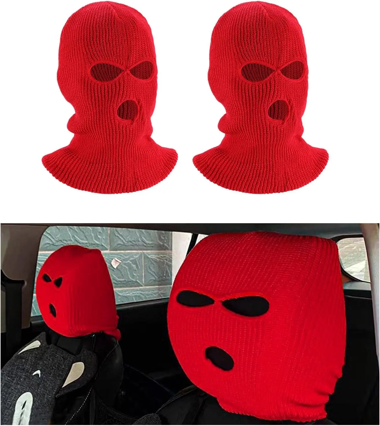 2 PCS Car Headrest Cover, Personalized Funny Car Seat Full Face Mask, Ski Mask Wrap Protection for Auto Front Seat Rest Decoration, Universal Interior Car Accessories (Red)