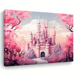 Pink Castle Canvas Print, Romantic Dreamy Princess Wall Art, 11.8x 15.7inch , Wooden Frame, Home and Office Decoration, Ideal Gift for Her and Him, Festive Wall Decoration Pattern.