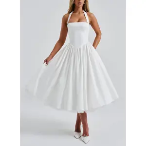 Women's Elegant Halter Neck Corset Midi Dress, Pleated A-Line Flare Formal Cocktail Dress with Built-in Petticoat, for Bridal Shower, Wedding Guest & Special Occasions