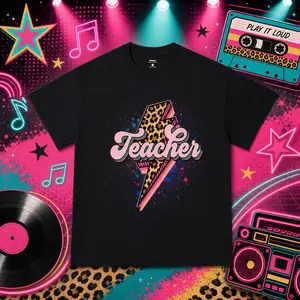 Western Leopard Thunderbolt Print T-Shirt, Bubble Script Teacher Text 3D Layered Flash Design Tee, Lightweight Cotton Casual Shirt printed