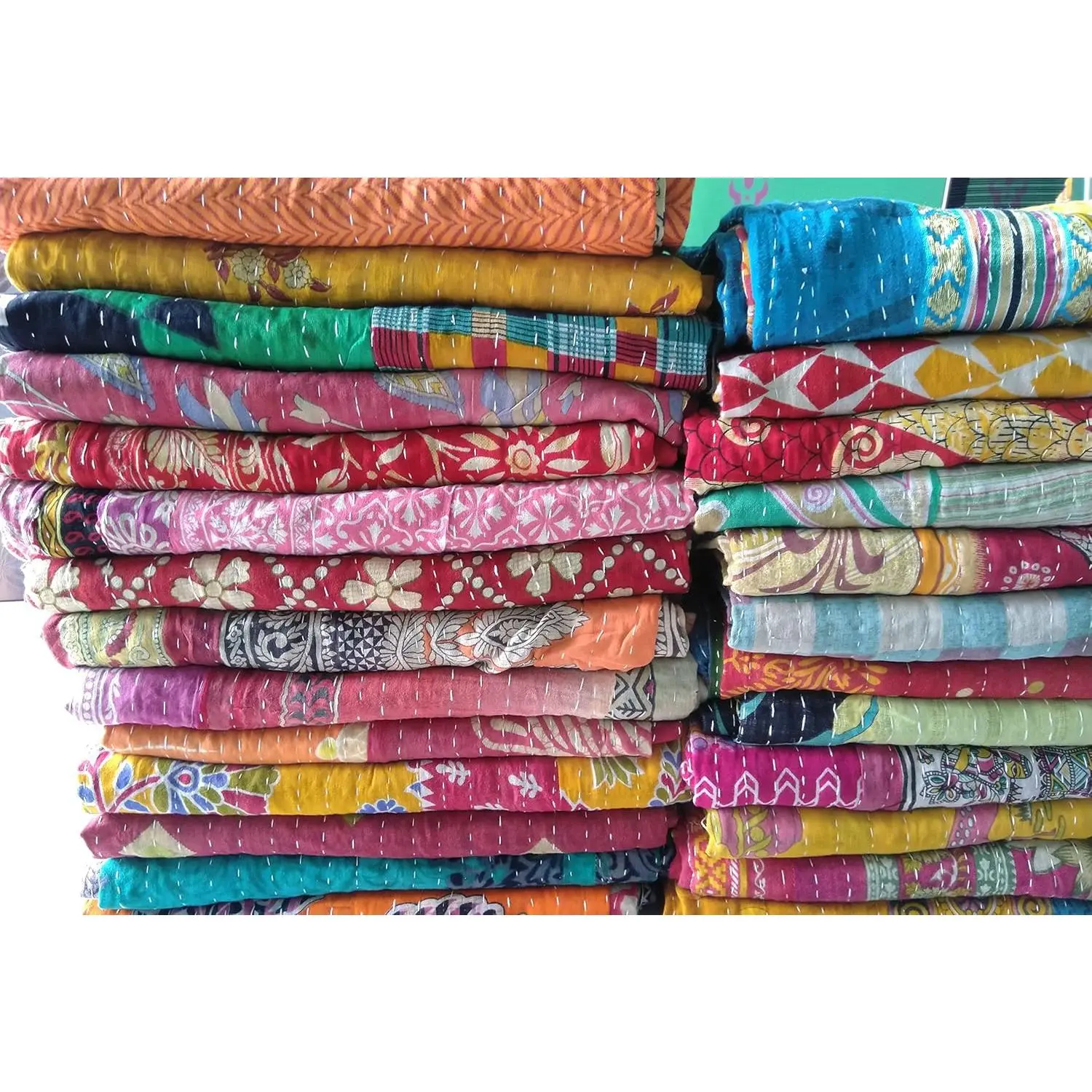 Indian Kantha Bedspread Quilt for Women, Handmade Vintage Bohemian Cotton Soft Blanket Throw, Reversible with Assorted Patterns, Cozy Throw Blanket, Hippie, Cotton Blankets, Home Decor Blanket