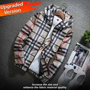 Men's lightweight hooded jacket, zippered windbreaker, adjustable drawstring and color block stripes, spring and autumn fashionable casual men's jacket, customizable personalized jacket, fashionable khaki checkered designRAIMENTRY