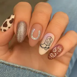 Trendy Western Cowgirl Press on Nails, Country Cowgirl Nail Art Horseshoe & Cow Print