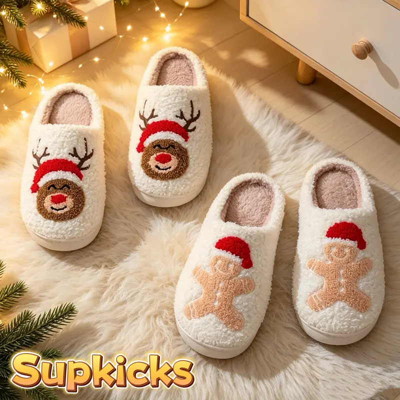 2026 Classic Cartoon Santa Face House Slippers - Plush Fuzzy Cushioned Slippers for Indoor/Outdoor Wear - Cozy & Comfortable Footwear - Flipflop, Slide