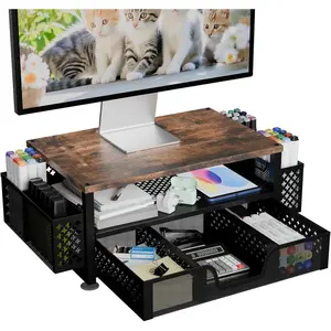 Simple Trending Desk Organizers and Accessories, Computer Monitor Stand Riser with Drawer and 2 Pen Holders, 2-Tier Computer Rack for Home Office, Wood