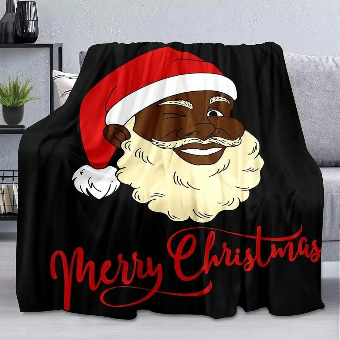 Christmas Throw Blanket, Funny African American Black Santa Claus Blanket, Winter Xmas Holiday Kids Blanket, Cozy Warm Soft Lightweight Fuzzy Flannel Fleece Blanket for Couch, Sofa, 50x60