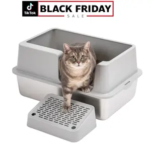 Stainless Steel Litter Box with High Enclosure, Extra Large Size with Leak-Proof Design, Includes Scoop and Litter Trapping Step, for Big Cats & Multi-Cats