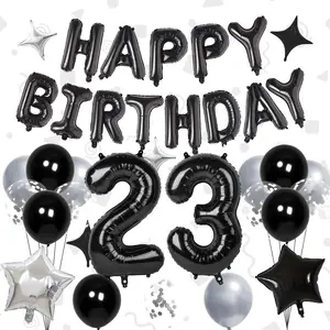 32 Inch 23 Balloon Numbers, Happy Birthday Balloons Banner 16 Inch Foil Letters Balloon Silver and Black Star Balloons for 23th Birthday Decorations for Boys Black Party Decorations
