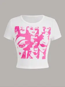 Street Style Women's Graphic Tee, Summer Sexy Ladies Crop Top, Slim-Fit Casual Wear, Moderate Fabric, All-Season Fashion