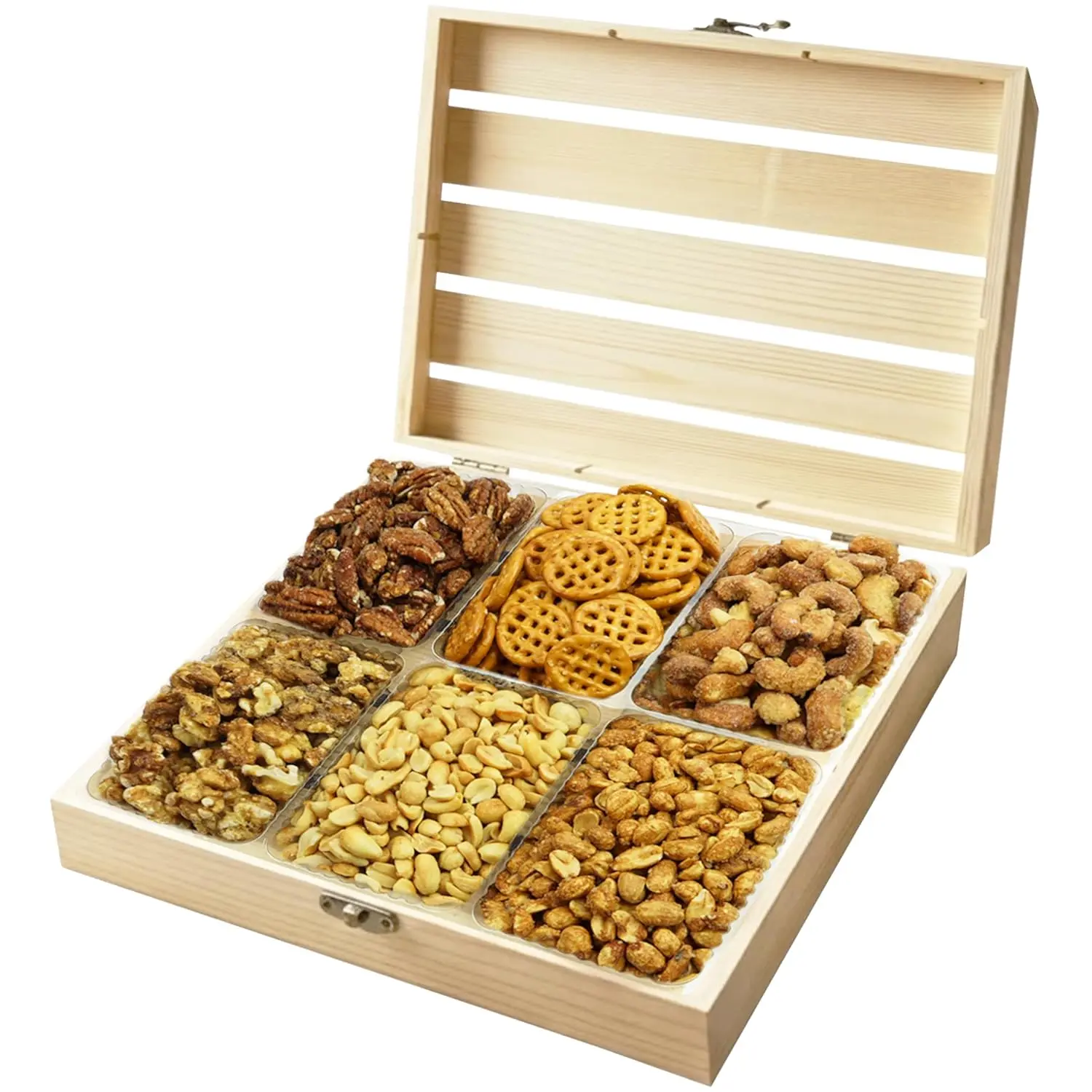 Honey Roasted Nuts & Pretzels Gourmet Snack Gift Basket - 6-Compartment Wooden Tray with Mini Bags of Pecans, Walnuts, Cashews, Peanuts, Pretzels, Low-Fat Ambient On-The-Go Sweet-Savory Crunchy Salty Snacks for Gifting (PDA Compliant)