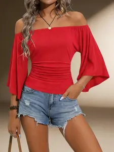 Pure Desire Style One-Shoulder Top, Batwing Sleeve Waist Cinch Pleated Slim Fit Short Tee Set, Revealing Shoulder Design
