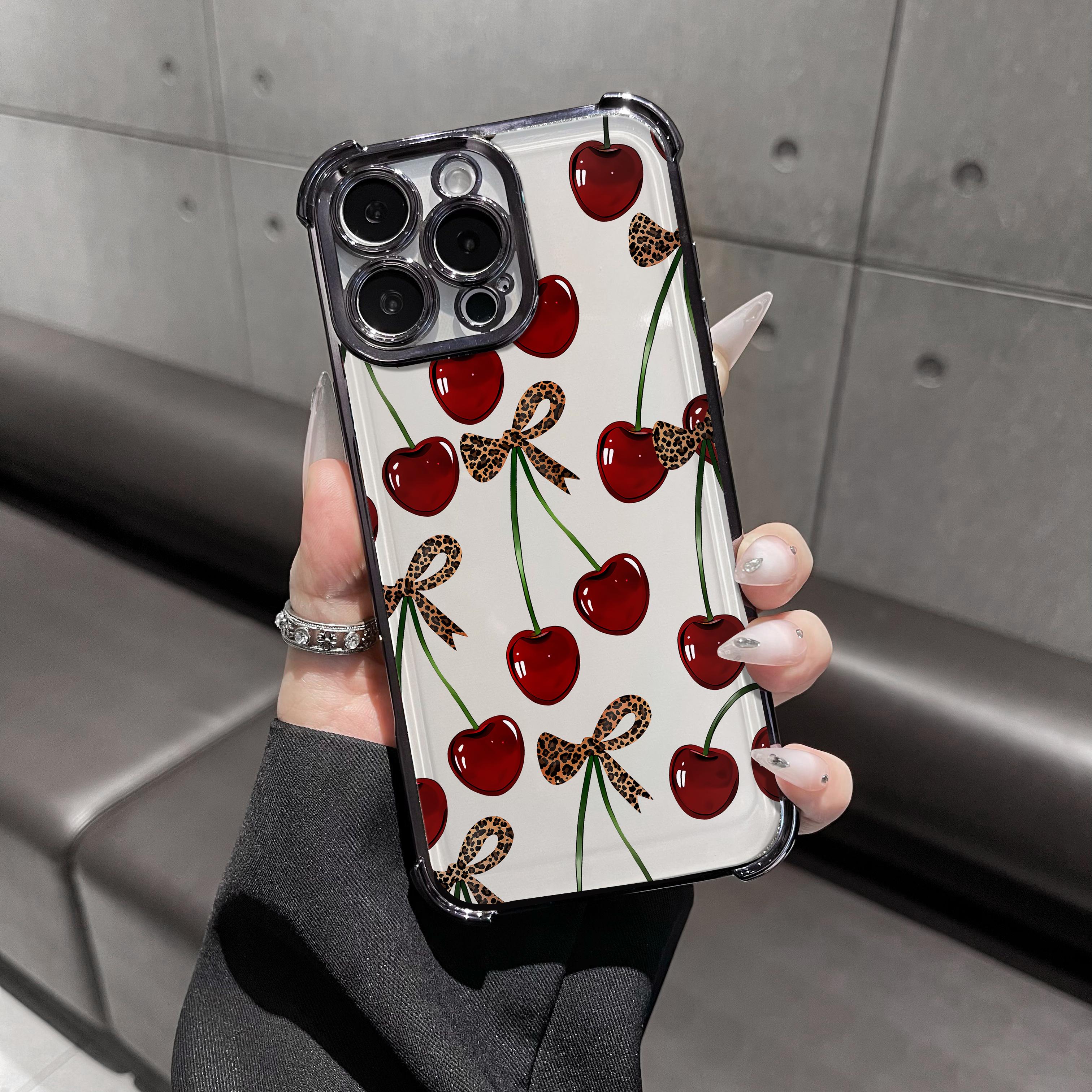 Cherry leopard print bow pattern four-corner shockproof transparent electroplated protective phone casefor iPhone Samsung Galaxy 17 Air 16Pro Max 15 14Plus 13 12 11XR XS S25 S24 S23,Simple and stylish camera Protection DurablePhone Case.HY65