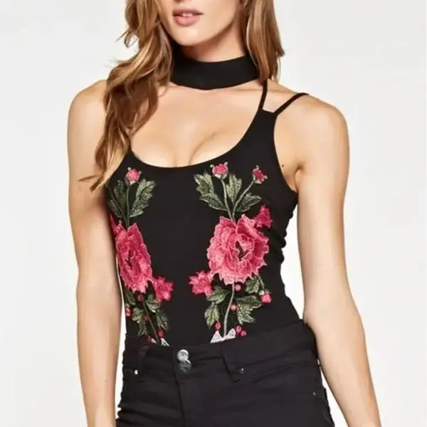 "Scarlett" Floral Embroidered Bodysuit with choker nightclub party chevron  bodysuit bodysuit  outfit