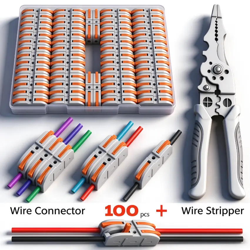 Wiring Connectors Kit (100pcs) with Wire Stripper, 50-100 Pcs Brass Plastic Flame-Retardant Lever Connectors (0.2-4mm²/12-24 AWG), Compact & Safe Butt Splice & Heat Shrink Components for Home Quick Snap Connection, 0.2-4Mm²/Awg24-12