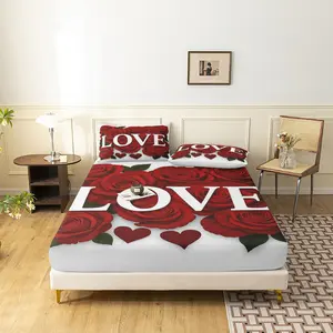 3pcs Valentine's Love Rose Day Applicable Love Letter Pattern Fitted Sheet Set, Bedding Set, Soft and Comfortable  Fitted Sheet, Suitable For Bedroom, Guest Room( 1* Fitted Sheet +2*Pillowcase)