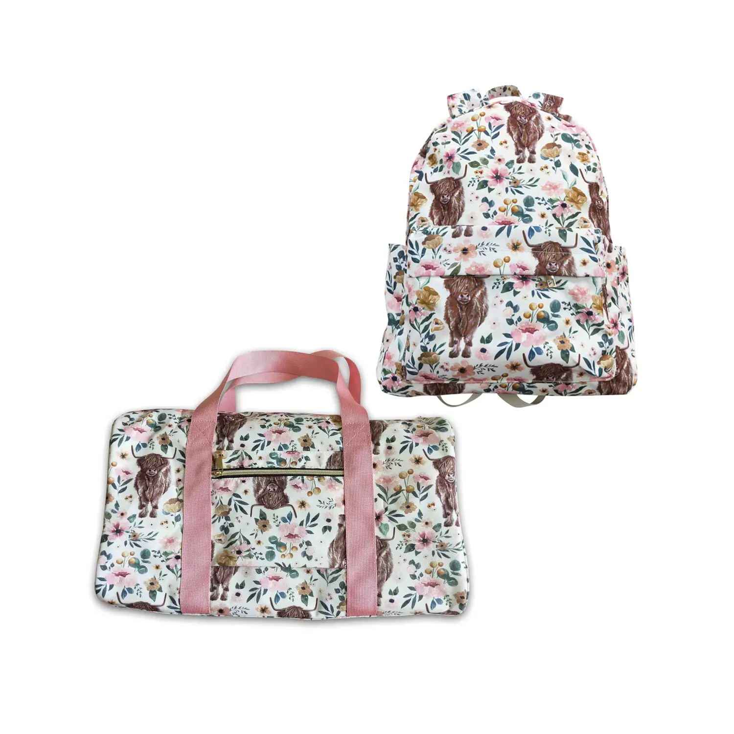 Blush Pink Western Highland Cow Floral Kids' Gym Bag - Fitness Leisure, Yoga Fitness, Training, Sport Gym Duffel (Back to School Use), Fitness Leisure Bag, Yoga Fitness Bag