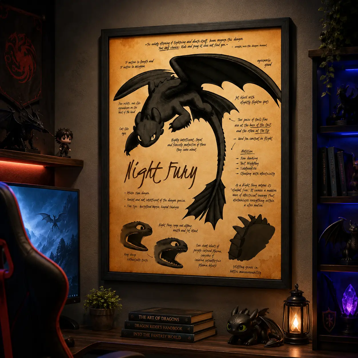 How to Train Your Dragon Night Fury Poster, Toothless Dragon Wall Art, Fantasy Anime Dragon Canvas Print, Kids Bedroom Gaming Room Decor, Dragon Lover Gift