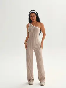 Women's Color Block Asymmetric Neck Sleeveless Knitted Yoga Jumpsuit, Casual Slim-Fit Jumpsuit for All Seasons, Stylish Activewear for Home & Commute, Sporty Jumpsuit, Sporty Comfy Jumpsuit