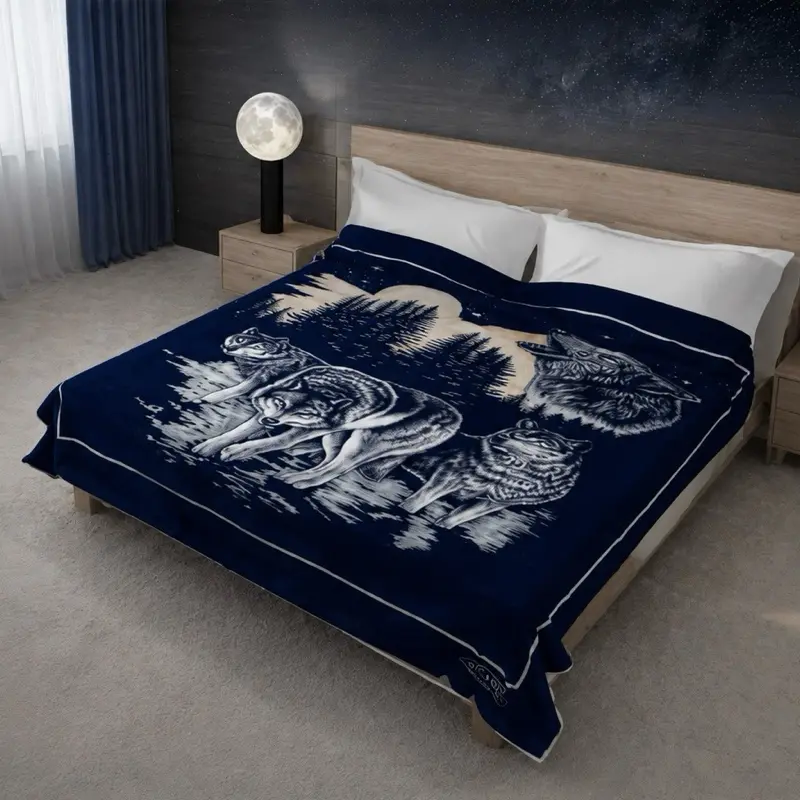 Navy wolf Korean faux mink plush blanket