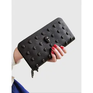 2026 NEW  Halloween Black Skull Rivet Coin Wallet, Men's and Women's Wallets, Punk Style Skull Design, Large Capacity Zipper Closure, Wrist Zipper Long Gothic Style Wallet, Durable Travel Accessories