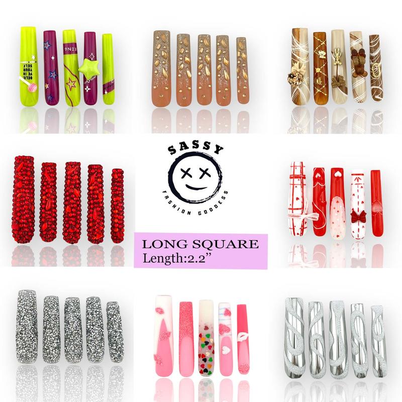 SASSY NAILSHOP longsquare 10 PCS (Length:2.2 inches) hand pressed on nails Nightclub nails for girlfriend  gift Acrylic Nail Art Nails New Collection, French New Pink White Glitter Bright Kiss Nails Acrylic Kit, Beauty Secrets Nail