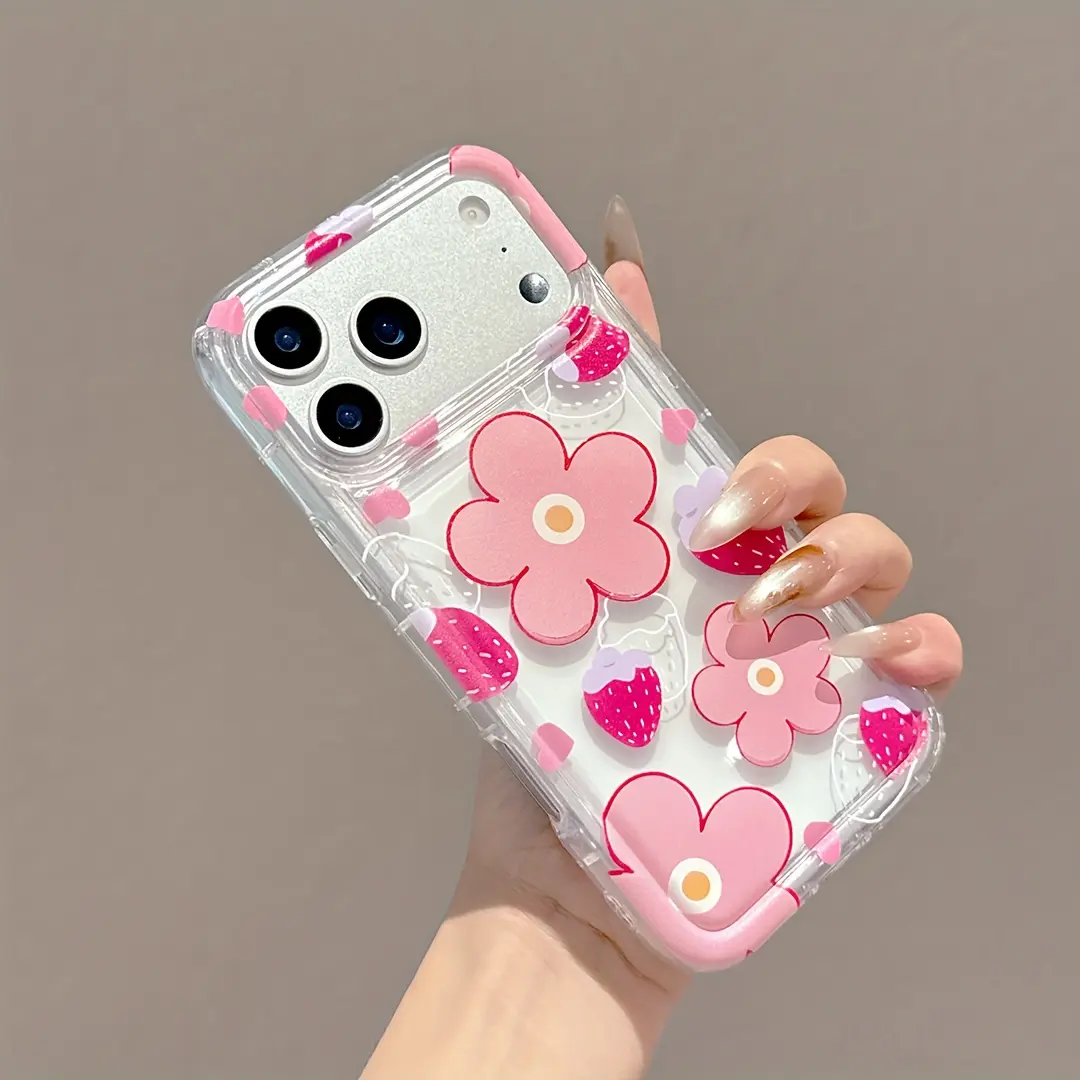 1 Piece TPU Transparent Phone Case - Pink Sweet Girl Style Strawberry Floral, Compatible with iPhone 17 16 15 14 13 12 11 X XS XS Max, Lightweight, Stylish, Shockproof, Drop-Resistant Protection Cover summerwins