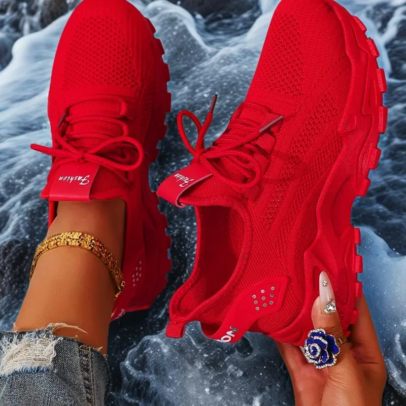 Women’s Fashion Red Sneakers – Fashionable Casual Sneakers, Chunky Sole, Breathable Mesh Upper, Trendy Casual Athletic Shoes for Walking, Travel & Streetwear; Ideal for Teens and Young Women, Mesh Fabric Sneakers