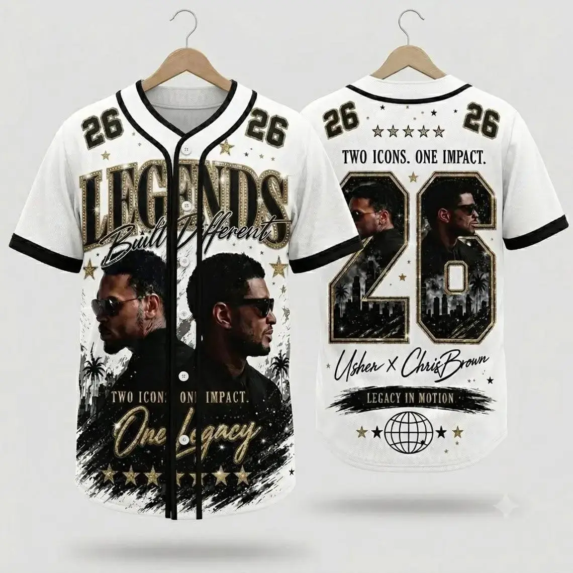 90s R&B Music Legends Graphic Baseball Jersey | White Gold Vintage Hip Hop Oversized Streetwear Button Up Shirt | Retro Concert Aesthetic Top Men Women