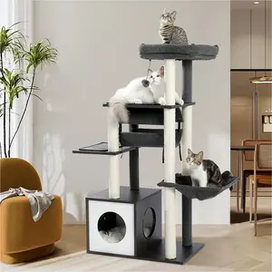 SEKKO CLAW Modern Cat Tree 6 Levels Wooden Cat Tower with Sisal Scratching Posts, Roomy Condo, Spacious Perch, Super Large Hammock and Swing Tunnel for Indoor Cats