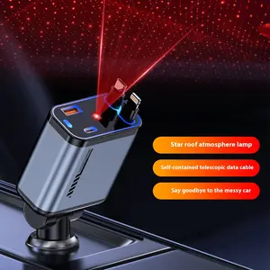 4-in-1 Retractable Fast Car Charger with LED Light for iPhone Type-C Compatible 12V-24V Car Lightweight Dual USB Ports 31.5in Cord