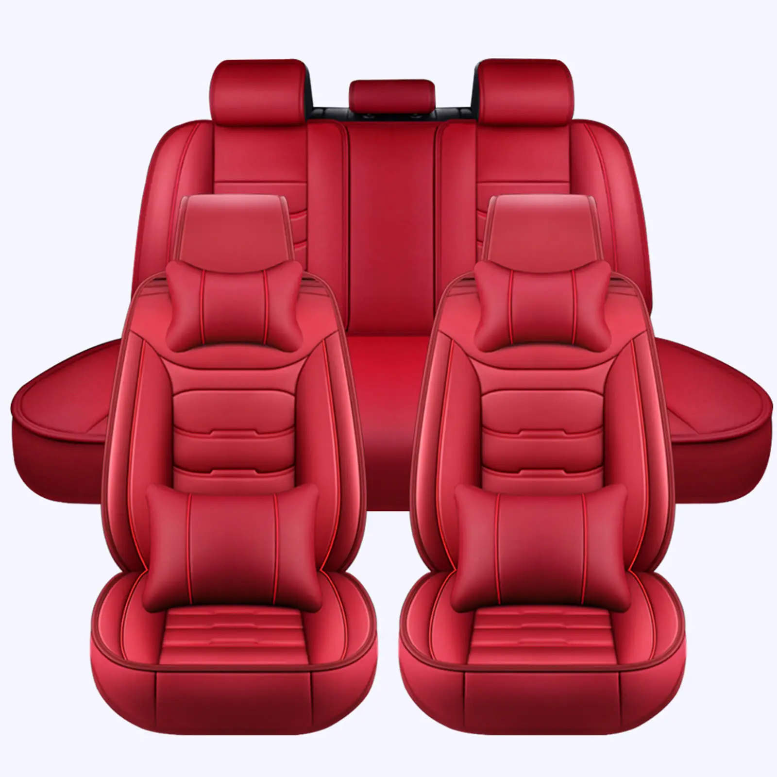 OTOEZ Universal Deluxe PU Leather Car Seat Cover 5 Seats with Pillows Non-Slip Cushions Waterproof Breathable Red Car Accessories for Most Cars SUVs