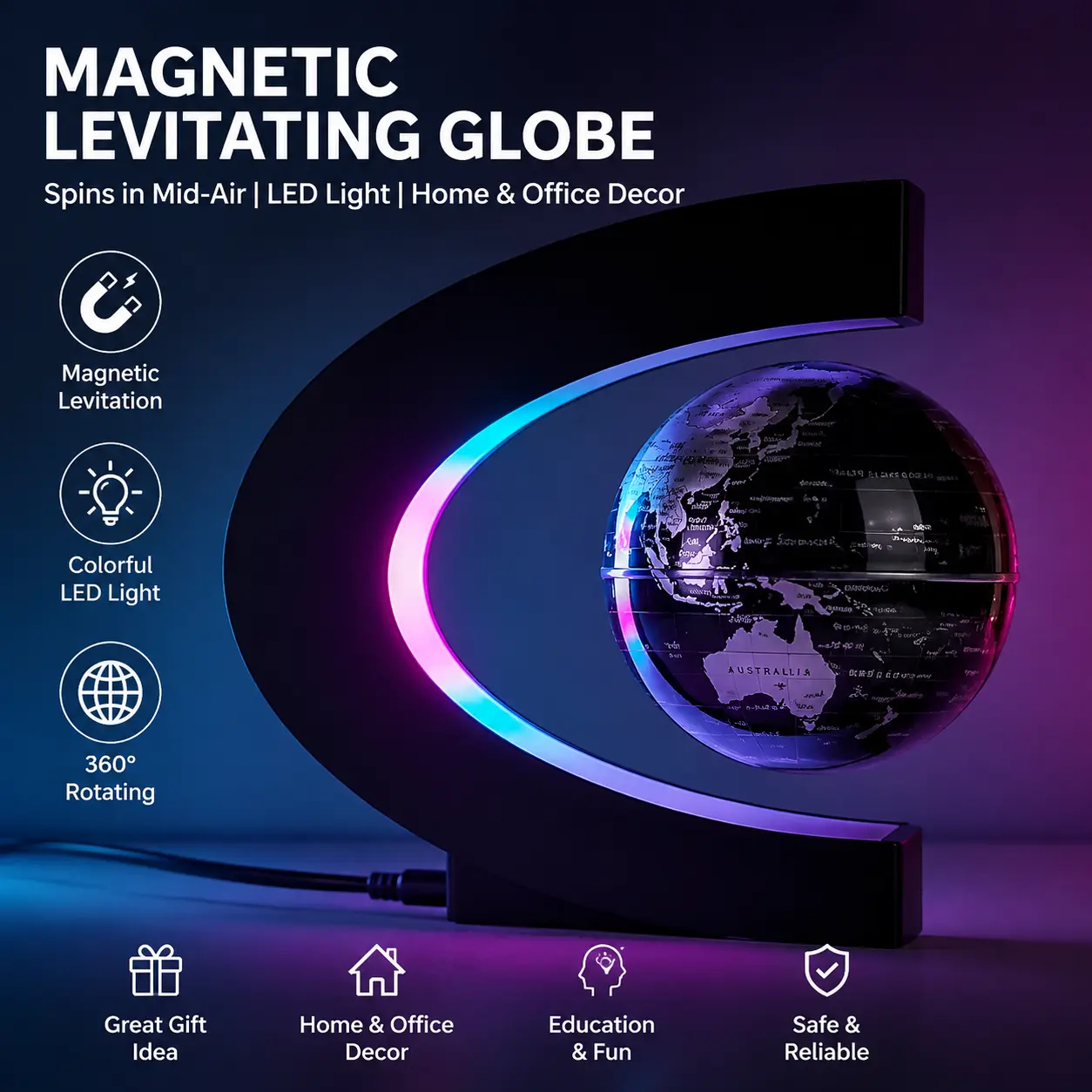 Magnetic Levitating Globe with LED Light, 360° Rotating Floating World Map Desk Decor, Cool Gadget for Home Office & Gift Ideas